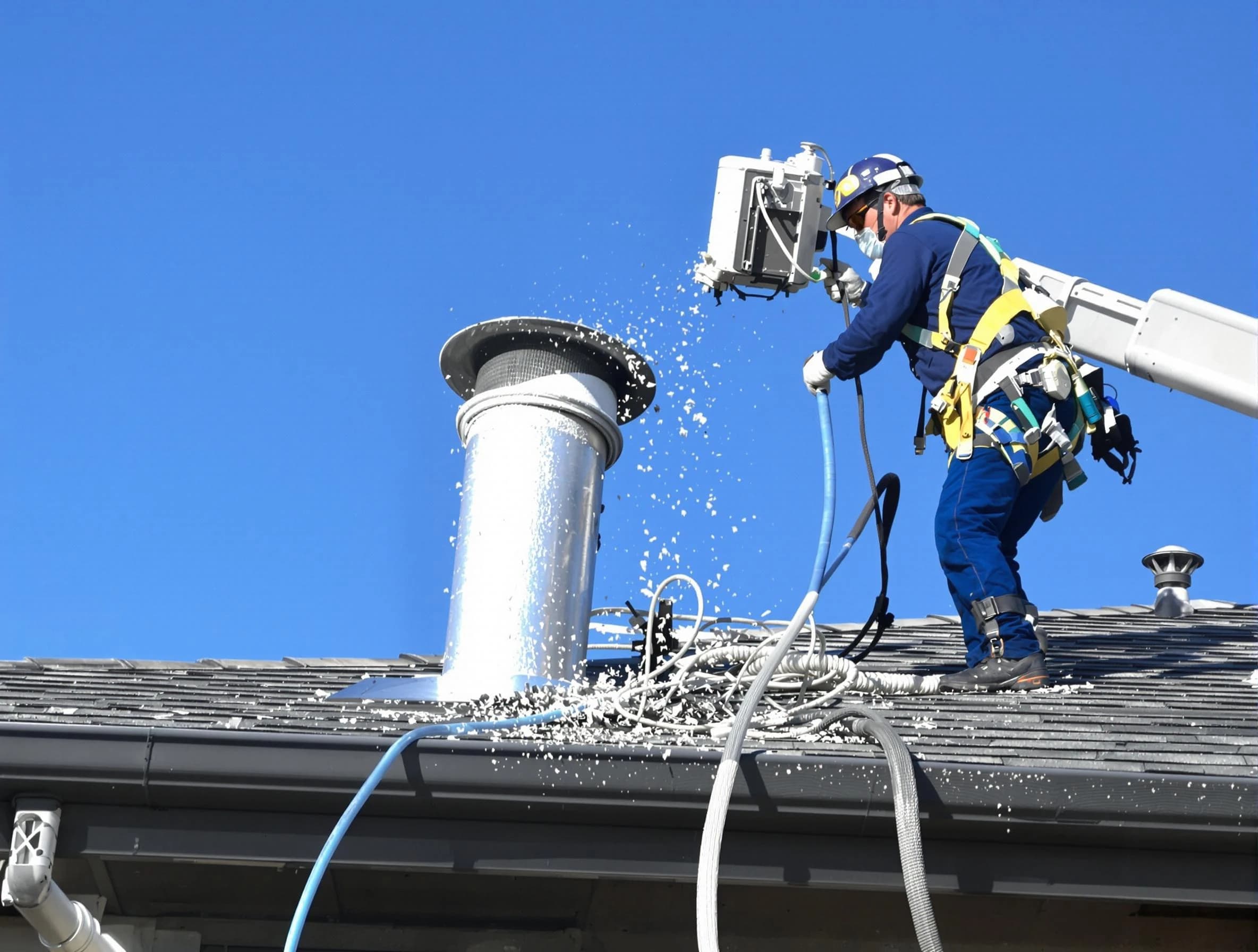 Gallatin Dryer Vent Cleaning certified technician safely cleaning a roof-mounted dryer vent in Gallatin