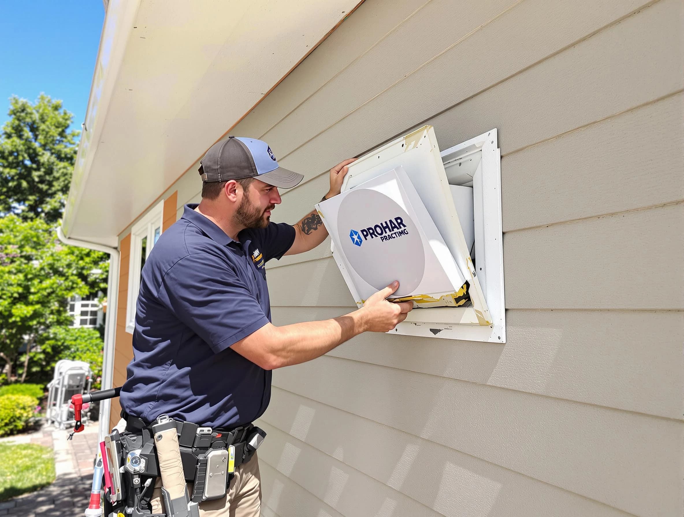 Gallatin Dryer Vent Cleaning technician installing a new protective dryer vent cover on a home in Gallatin