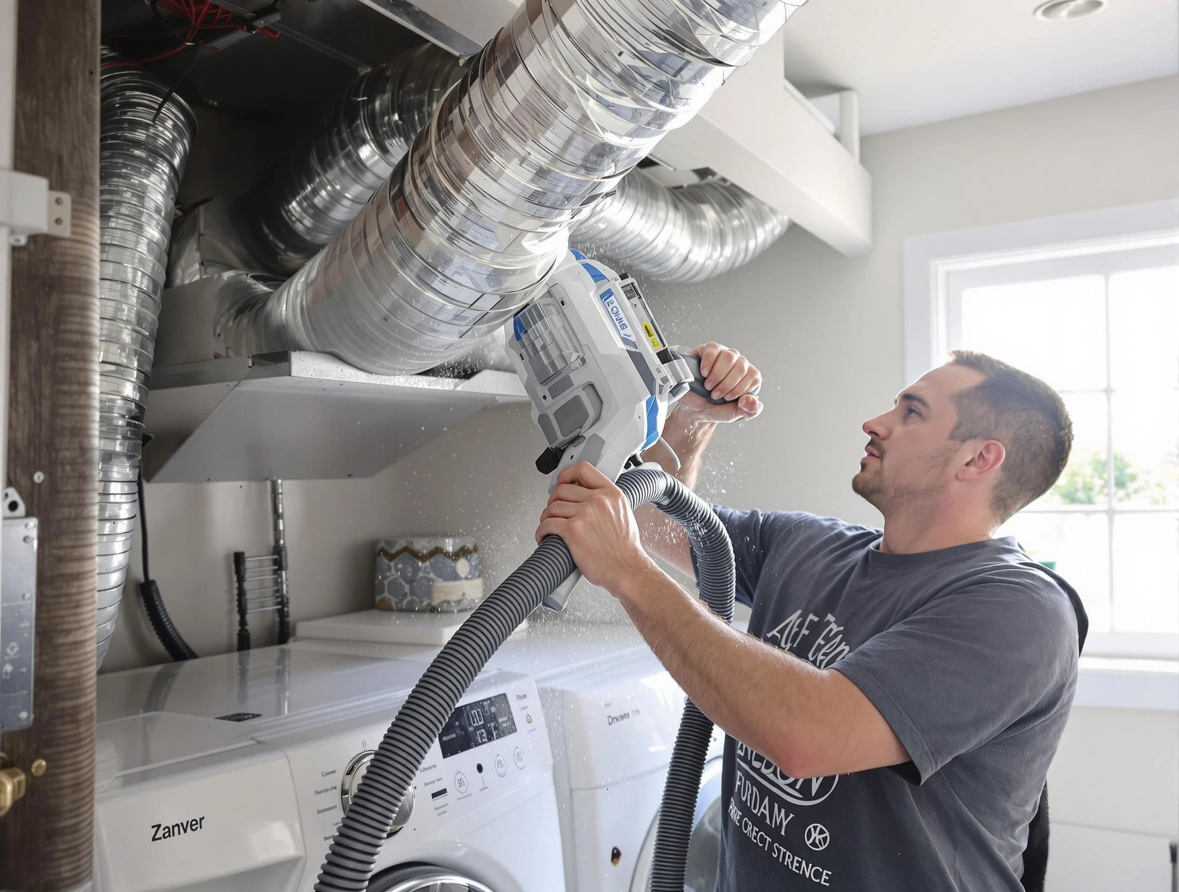 Gallatin Dryer Vent Cleaning specialist cleaning deep within a dryer vent duct system in Gallatin