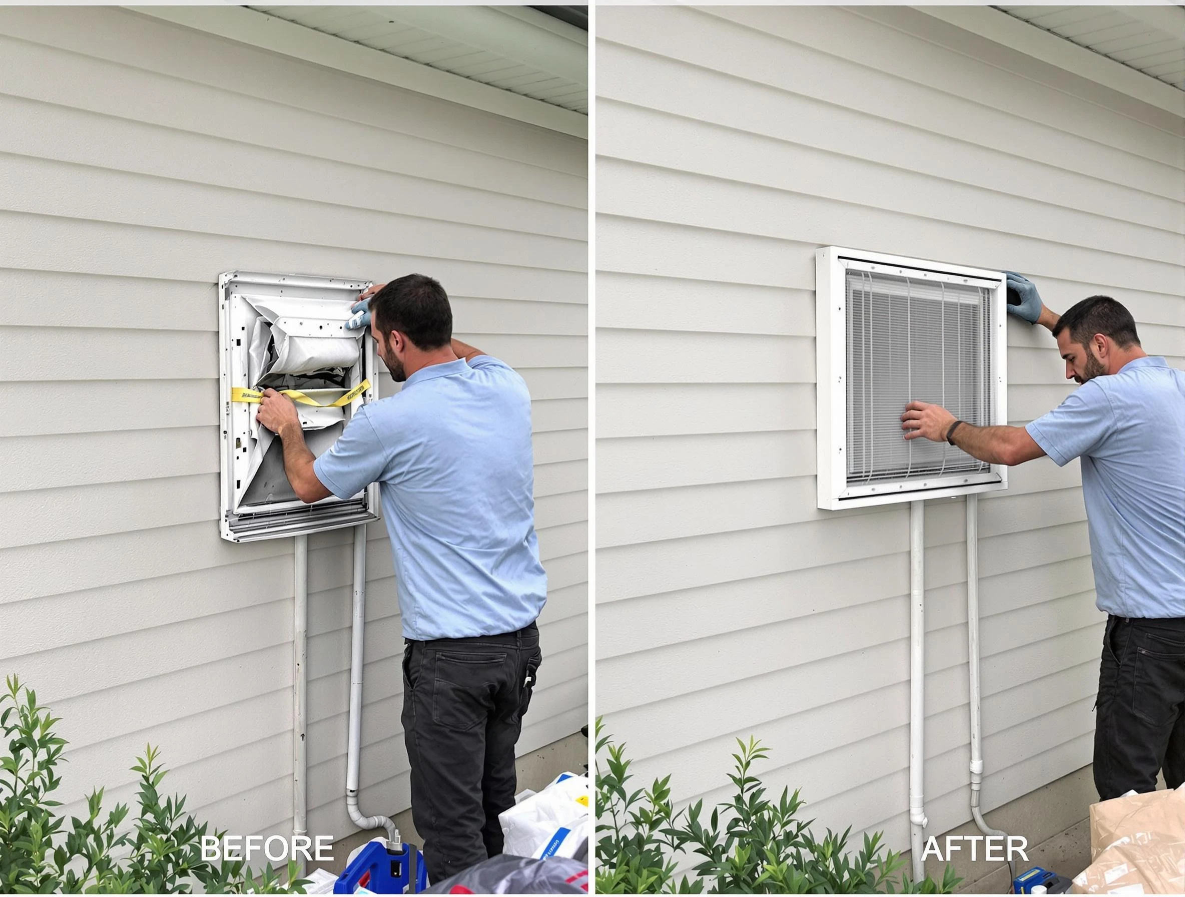 Gallatin Dryer Vent Cleaning technician installing high-quality dryer vent cover at a residential property in Gallatin